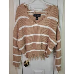 Polly & Esther Sweater Womens Sz Large Fringed V Neck Beige Stripe Cropped Cable